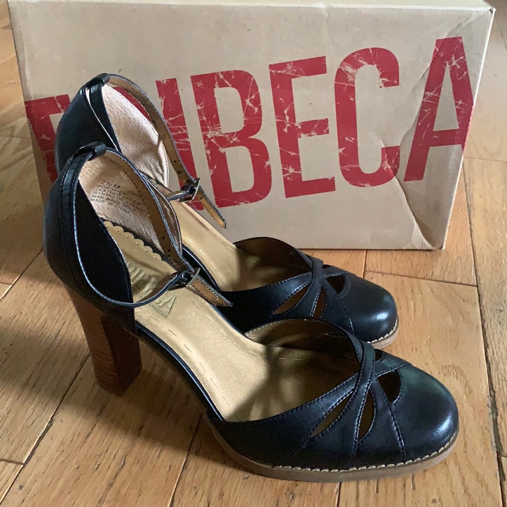 Tribeca pop rock black genuine leather ankle strap heels size 7.5. Never worn.